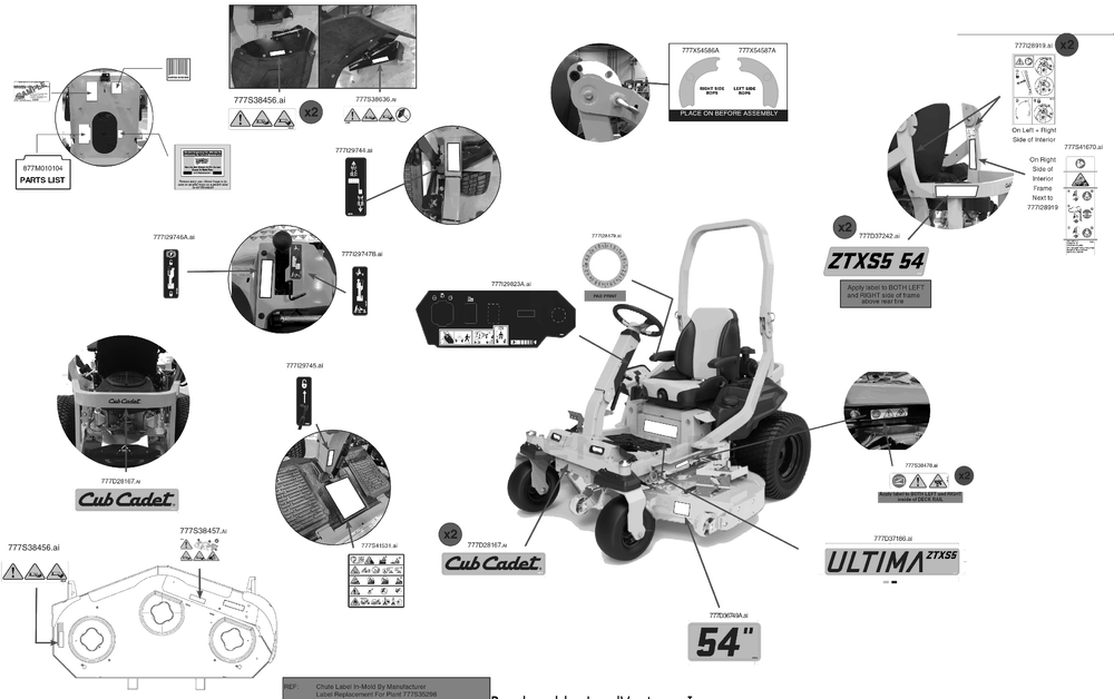 Label Map Diagram and Parts List for ZTXS5-54KH (47RTCAB7010)(2023) Cub Cadet Lawn Tractor